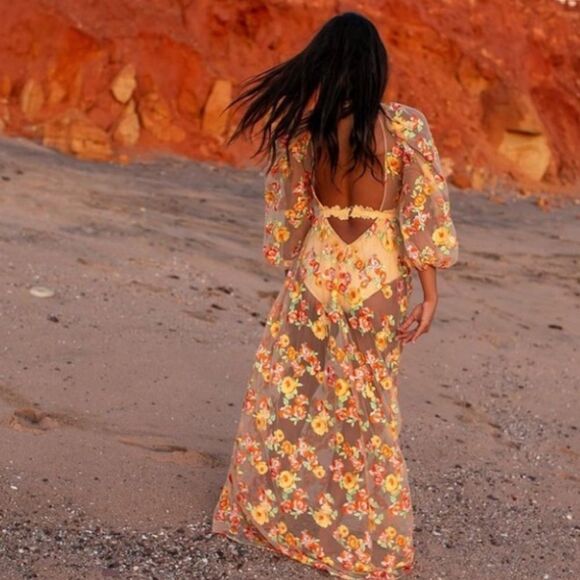 For Love & Lemons Winnie Maxi Long Sleeve Embroidered Floral Dress XS - Picture 6 of 7